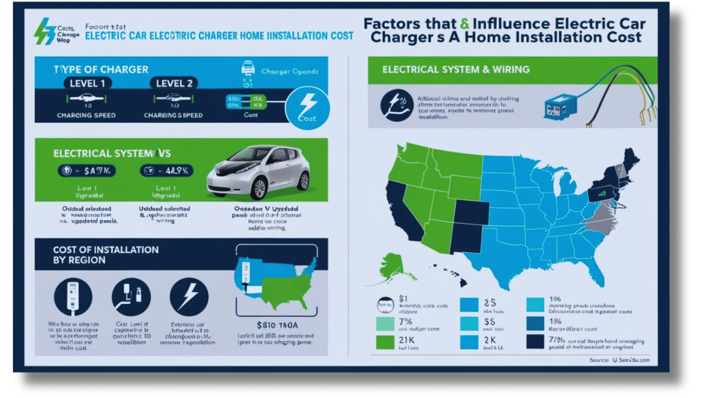 H2: Factors That Influence Electric Car Charger Home Installation Cost (H2)

The cost of getting an electric car charger at domestic can vary based totally on numerous factors. Here are a few matters which could have an effect on the general charge.

Type of Charger

As we stated in advance, the type of charger you pick performs a big position in determining the installation cost. Level 1 chargers are cheaper, but additionally they take longer to fee your vehicle. 

Level 2 chargers fee greater, but they provide faster charging times, which can be a large gain.

Electrical System & Wiring

Another principal component influencing the electric powered vehicle charger domestic set up price is the condition of your private home’s electric system. 

If your modern setup is old or now not able to helping a Level 2 charger, you may need to upgrade your electric panel. This can add great charges to the set up.

Need for Additional Wiring

In some cases, additional wiring can be wanted. If the charger region is a long way from the electrical panel, you’ll need extra wires to complete the set up. 

This provides to the electric vehicle charger home installation price. It’s vital to devise for this capacity greater rate when figuring out in which to put in the charger.

Cost of Installation via Region

Did you realize that your vicinity can affect the fee of getting an electric powered car charger at domestic? The charge can range relying on in which you stay. 

Urban regions have a tendency to have better installation charges because of better labor quotes and a extra demand for electricians.